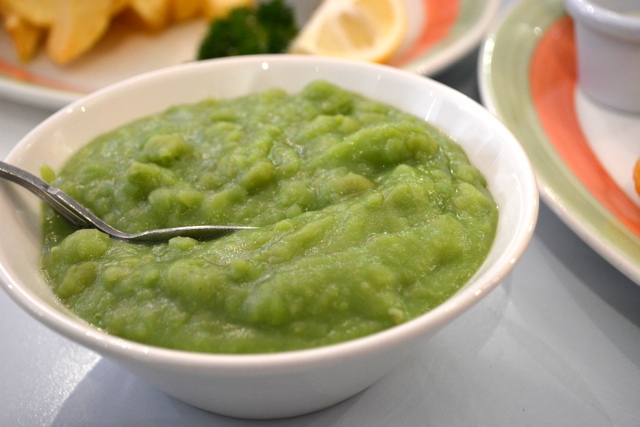 poppies fish and chips mushy peas - eating london food tour review