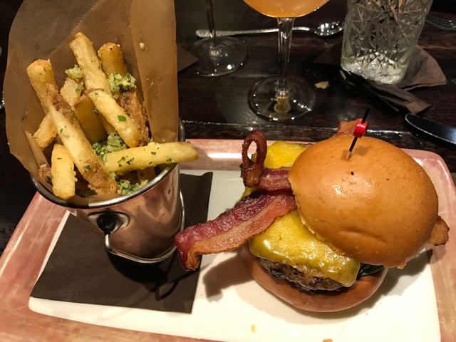 cheddar bacon burger and garlic fries - A Review of The Toothsome Chocolate Emporium at Universal Orlando