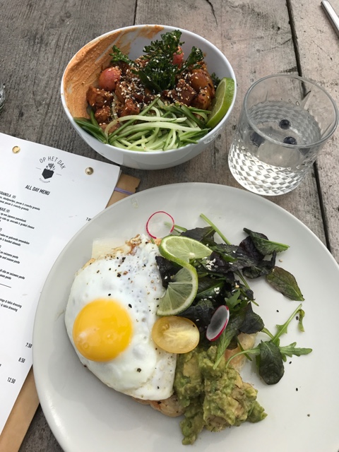 buddah bowl and eggs, avocado cheese brekkie on a Japanese pancake breakfast at Op het dak on the roof - First-Timers Guide for Visiting Rotterdam
