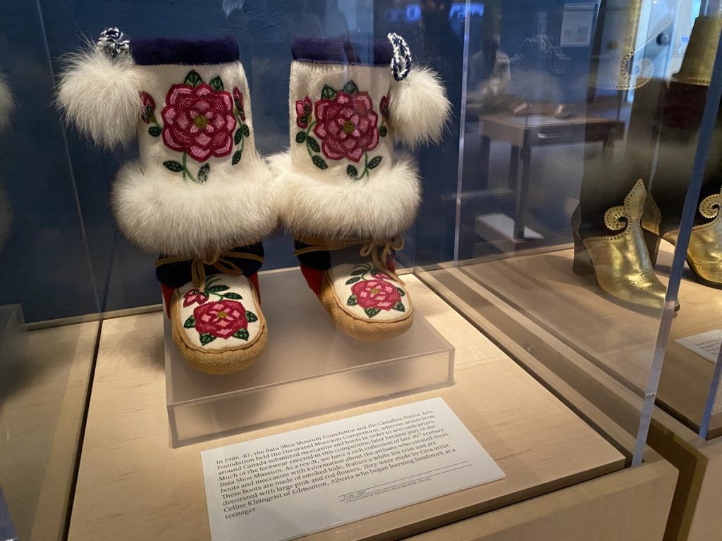 Moccasins by Cree artist Celine Kleingeist at the Bata Shoe Museum in Toronto